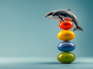 A playful humpback whale sits atop a vibrant stack of colorful spheres, creating a whimsical and imaginative scene. Massive Balance, Fragile Stability