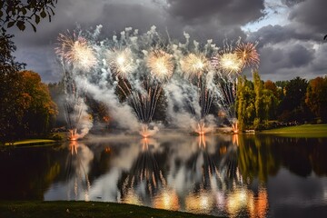 Spectacular Fireworks Display Over Calm Lake at Night