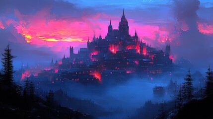 Naklejka premium A glowing neon skyline at twilight, blending shades of blue, pink, and purple, creating a dreamy cityscape 