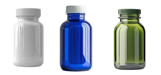 White, Blue, and Green Transparent Plastic Bottles with Screw Caps, Minimalist Pharmaceutical or Cosmetic Packaging, Isolated on Transparent Background