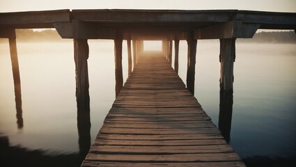 Wooden pier, tranquil mood, misty lake view, peaceful landscape