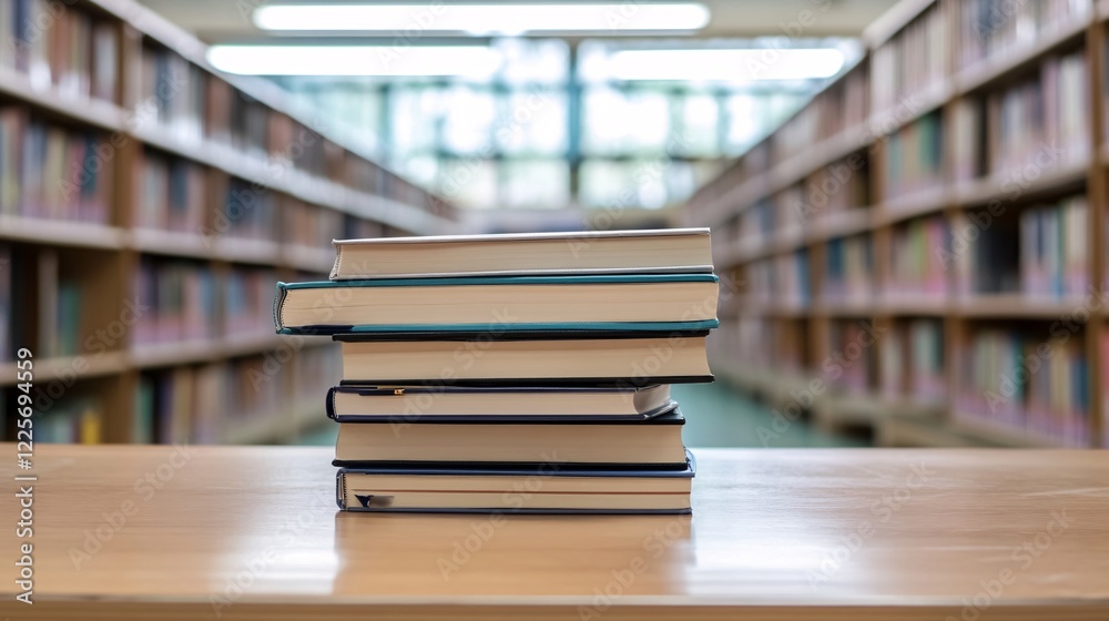 Poster Pile of books rests on a wooden table in a bustling library with rows of bookshelves in the background, slightly blurred