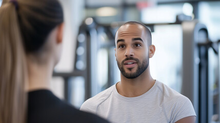 Obraz premium Gym Assistance Request with Trainer for Equipment Struggle