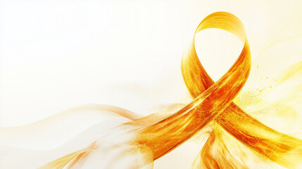 A cancer ribbon morphing into a fountain of light, with streams flowing outward to symbolize spreading awareness, glowing soft yellows and oranges against a clean white background