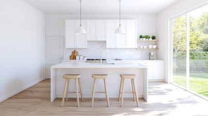 Fototapeta premium Modern white kitchen interior featuring a large island with wooden bar stools and bright natural light from a sliding glass door.