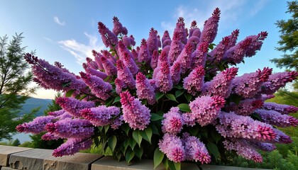 Obraz premium Vibrant lilac blossoms in suburban garden at twilight, floral beauty