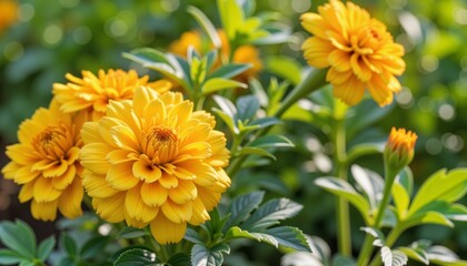Obraz premium Vibrant yellow marigolds blooming in community garden, nature's beauty