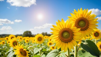 Fototapeta premium Golden sunflowers thriving in vibrant farm field under blue sky, natural beauty