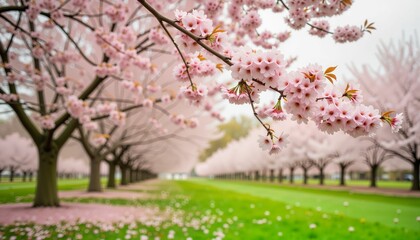 Blossoming cherry trees framing serene park pathway, nature's beauty