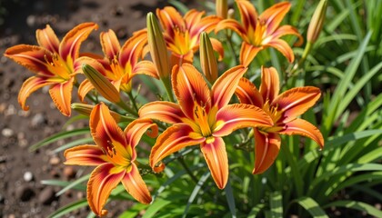 Vibrant orange lilies blooming in a sunny garden, natural beauty © Olga