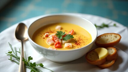 A steaming bowl of lobster bisque, rich and velvety, sits on a white linen tablecloth, garnished with paprika and fresh herbs, with warm, crusty bread on the side, evoking a seaside escape.