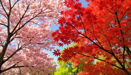 Fototapeta premium Vibrant cherry blossoms and maple leaves in mixed garden, seasonal beauty