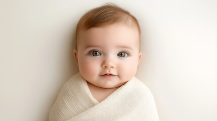 Adorable baby wrapped in a soft cream-colored blanket looking at the camera, close-up portrait on a light background, newborn innocence and cuteness concept