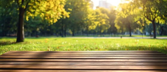 Fototapeta premium In an urban park, a wooden bench is positioned on a wooden floor, surrounded by a lush lawn. This inviting area provides a refreshing escape, ideal for a creative banner with plenty of room for text.