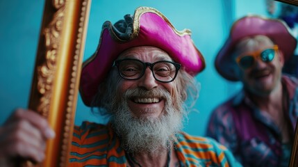 Obraz premium Happy seniors in pirate hats, posing with picture frame, blue background, fun retirement