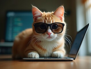 Ginger Cat wearing Sunglasses Working on Laptop