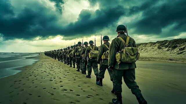 Soldiers marching along coastal area during overcast day. Troops traverse sandy beach under cloudy skies. Uniformed group advances beside the sea. Soldiers on beach enhancing readiness. Peace,