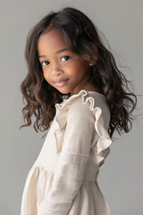 Beautiful Mexican little girl in a light beige cotton dress is posing on white background.