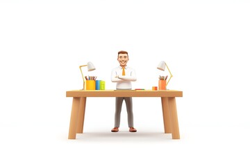 office worker standing desk office supplies smiling isolated white background
