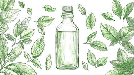 A hand-drawn illustration featuring a glass bottle surrounded by green leaves, emphasizing a minimalistic and natural aesthetic