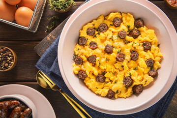 Delicious scrambled eggs with spiced Middle Eastern sausage or ''Sujuk''. Top view with close up.