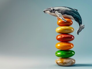 A whimsical humpback whale leaps above a stack of colorful, polished stones, creating a surreal and playful scene. Heaviest Balance ,resistance to gravity