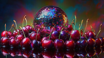 A bold composition of glossy cherries with a large disco ball at the center, reflecting vibrant colors in a dramatic light setting.