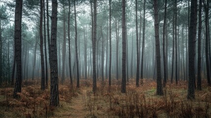 Fototapeta premium A Misty Path Through a Dense Pine Forest
