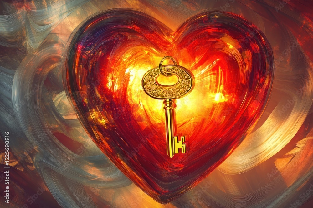 Wall mural a bold art print of a shimmering golden key inserted into a glowing red heart, with a dramatic and r