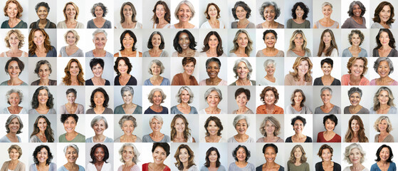 Middle Age Women - a grid of 84 unique square headshots of a variety of diverse, smiling, friendly mature female people against a white background - 88MP XXXL	

