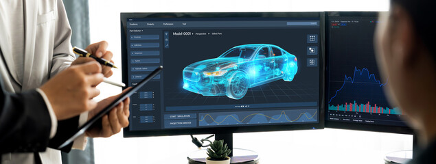 Electric car design software on computer screen showing simulation blueprint brisk by digital calculating application for manufacturing preparation