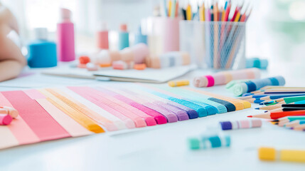 Obraz premium Pastel Color Palette with Art Supplies on Desk: Creative Workspace Scene