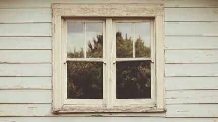 Weathered double-hung window in aged white siding reflecting trees.