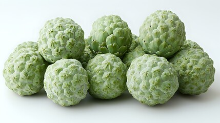 Fototapeta premium Fresh custard apple fruits arranged in group on white background, tropical exotic soursop whole fruits isolated for food design and packaging.