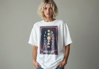 Top Model Wearing an Oversized White T-shirt Mockup