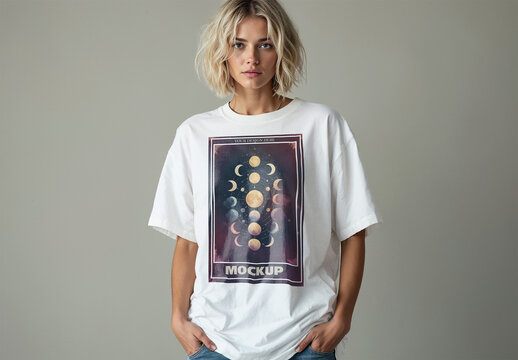 Top Model Wearing an Oversized White T-shirt Mockup