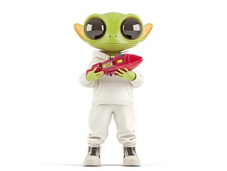 alien child holding glowing toy spaceship isolated white background