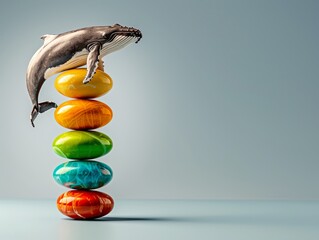 A whimsical scene featuring a whale balancing on colorful Easter eggs, creating a playful and surreal atmosphere. Heaviest Balance ,resistance to gravity