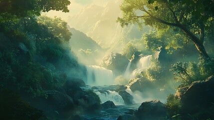 A serene mountain stream with water cascading over smooth rocks and surrounded by lush greenery 