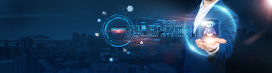 Chatbots: Businessman holding chatbot icon and data exchanges representing seamless connection on city background, customer support, automation, natural language processing, and conversational AI.