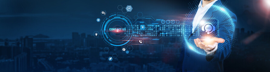 Contact Us: Businessman holding communication icon and data exchanges representing secure connection on city background, customer support, inquiry management, service request.