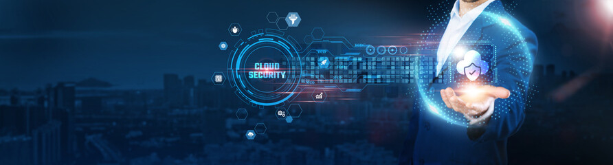 Cloud Security: Businessman holding icon and data exchanges ensuring secure connection on city background, data protection, threat mitigation, secure storage, and network security.