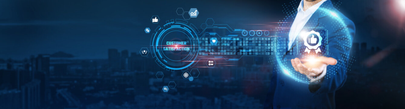 Customer Satisfaction: Businessman holding feedback icon and data exchanges representing seamless connection on city background, service quality, client retention, product improvement