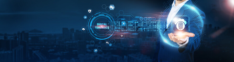 Digital Forensics: Businessman holding security icon and data exchanges representing secure connection on city background, evidence recovery, cyber investigations, data breach analysis.