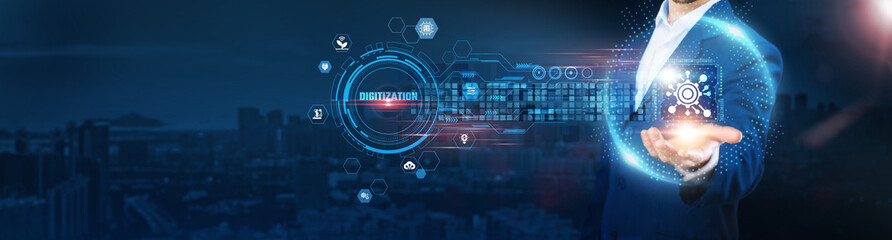 Digitization: Businessman holding icon and data exchanges representing secure connection on city background, automation, cloud computing, electronic records, and technology integration.