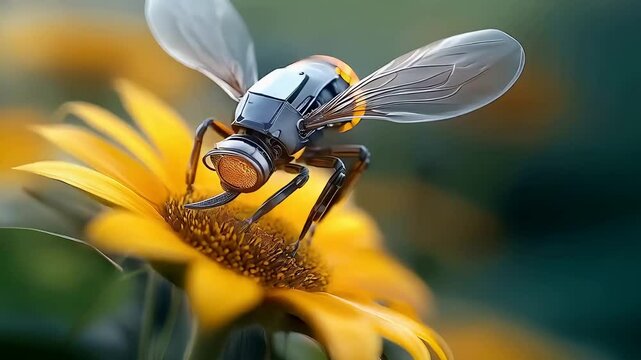 Robot bee collecting nectar from a sunflower in a vibrant garden during bright daylight