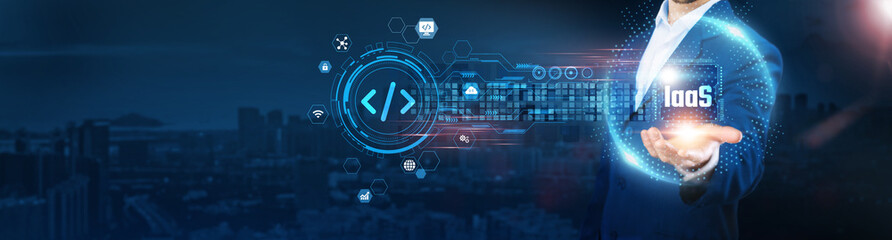 IaaS: Businessman holding icon and data exchanges representing secure connection on city background, infrastructure management, scalability, virtualization, and data center technology.