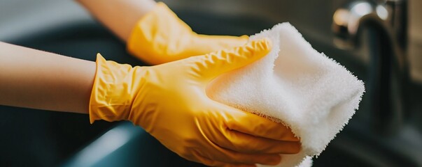 Person in yellow rubber gloves holding a cleaning cloth, prepared to tidy up the house