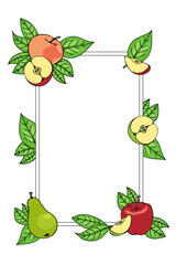 vertical frame of colored apples, pears and leaves, hand drawn in cartoon style. Outline drawing.