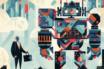 Futuristic robot and businessman encounter